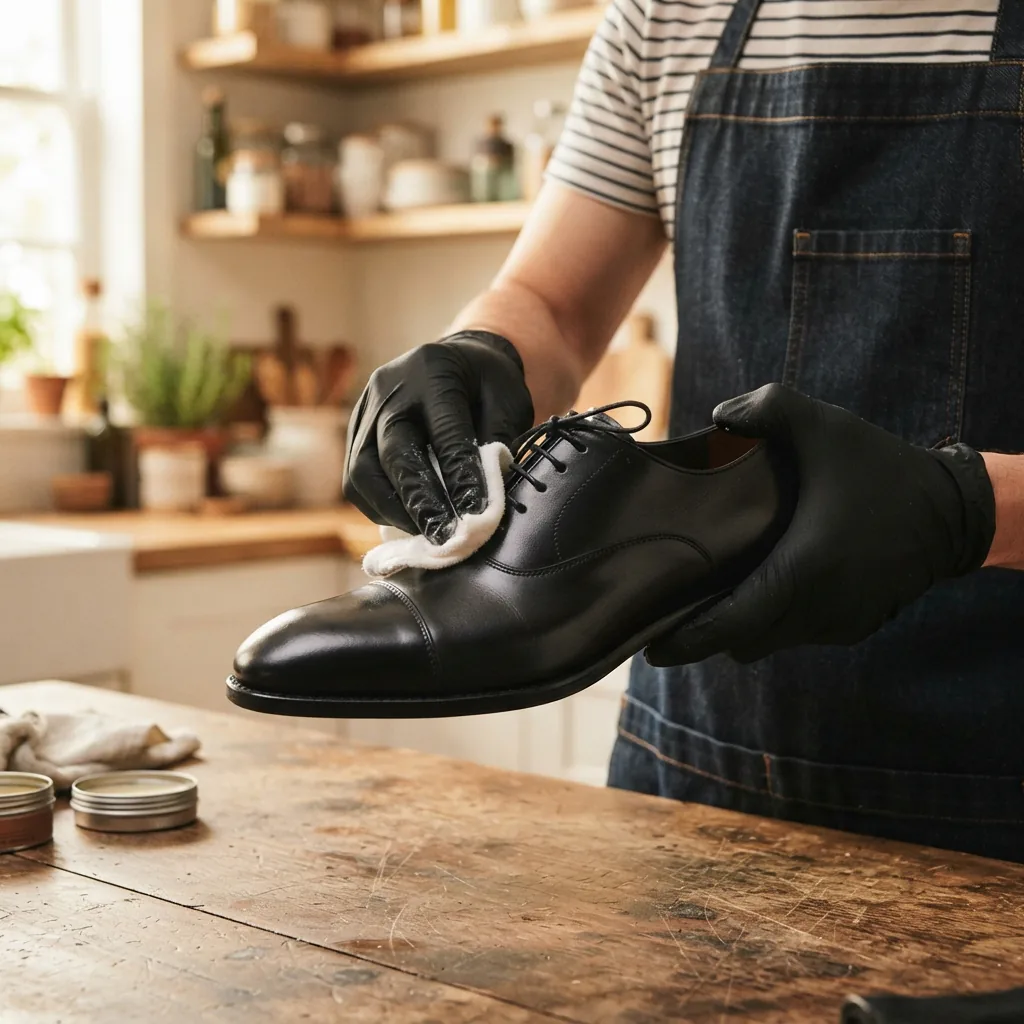 A person applying a leather conditioner to the full-grain leather of the Minetta Oxford shoe with a soft cloth.