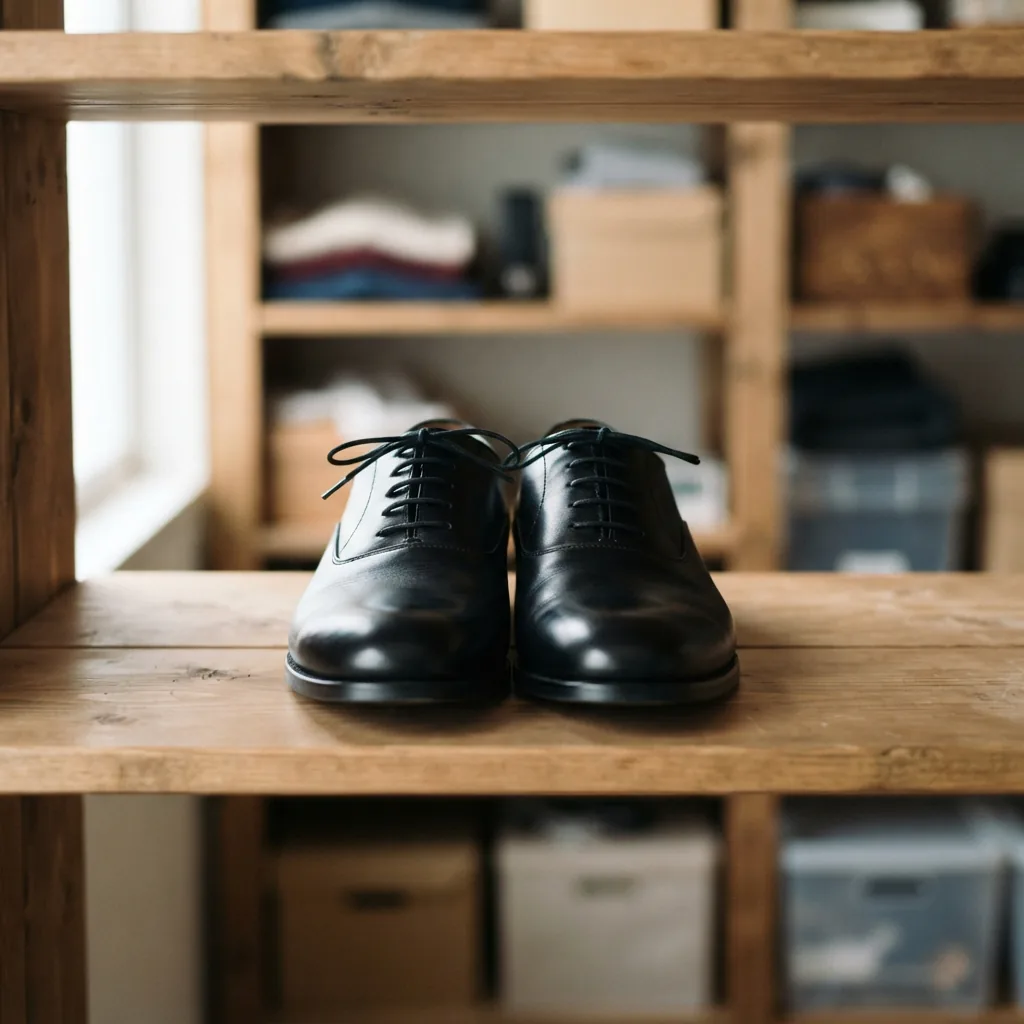 A pair of Minetta Oxford shoes stored neatly in a cool, dry area on a shelf away from direct heat.