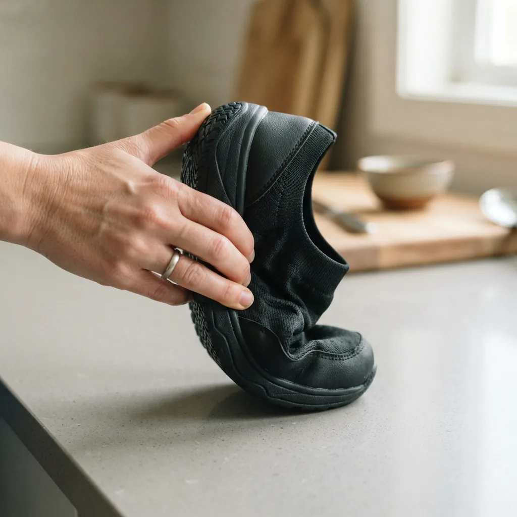 A lightweight kitchen shoe being held, showing its flexible sole and light profile.