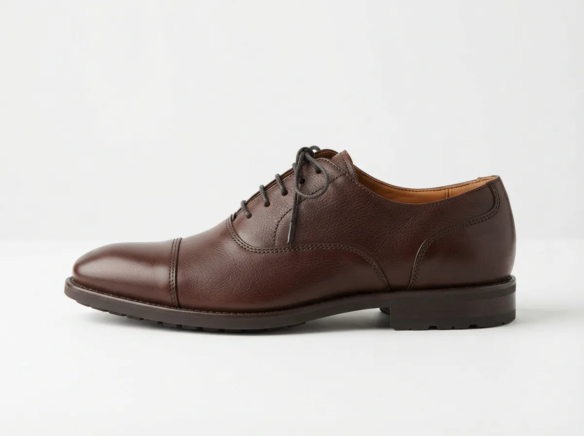 Side profile of the brown leather Oxford shoe showing its cushioned construction and classic design.