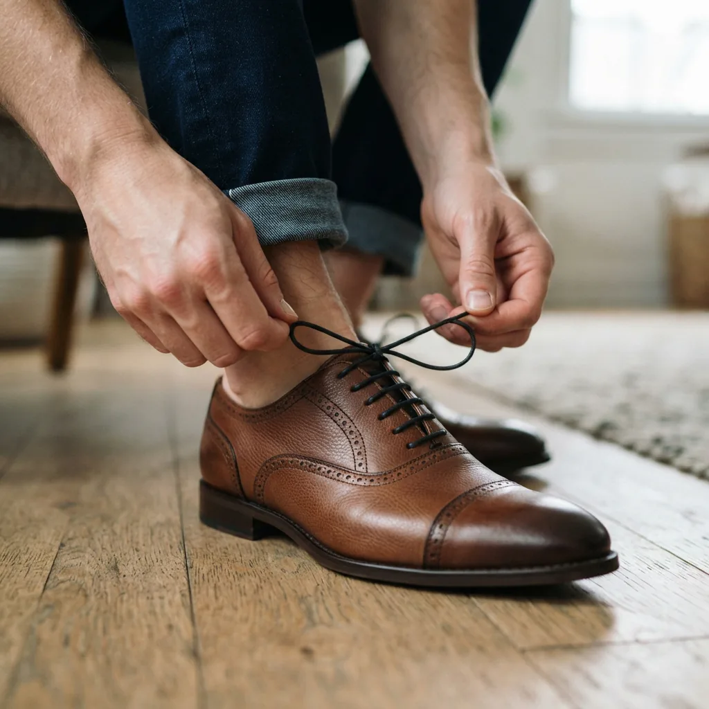 A person's hands tying the black laces on the brown leather Speakeasy Oxford.