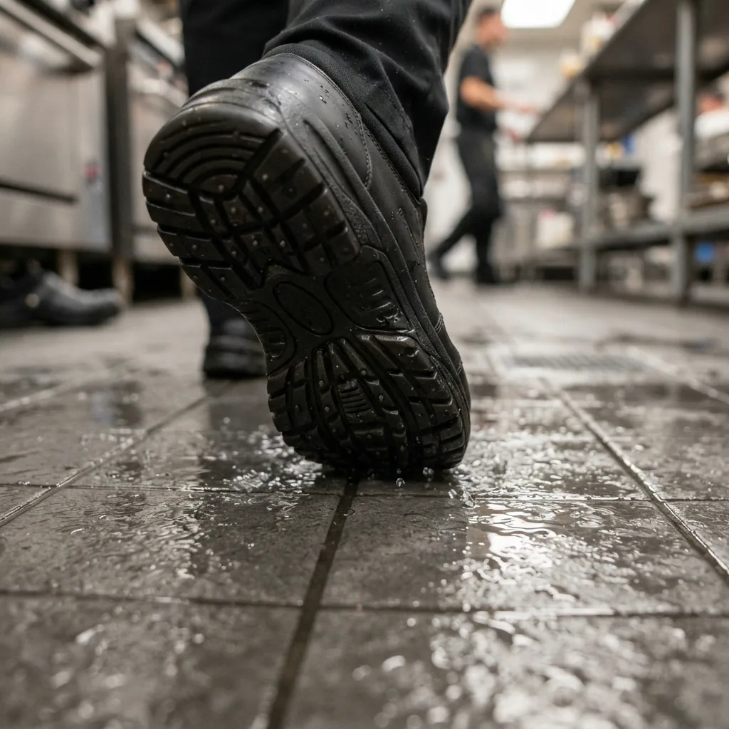 A black slip-resistant outsole with a specialized tread pattern on a wet kitchen floor.