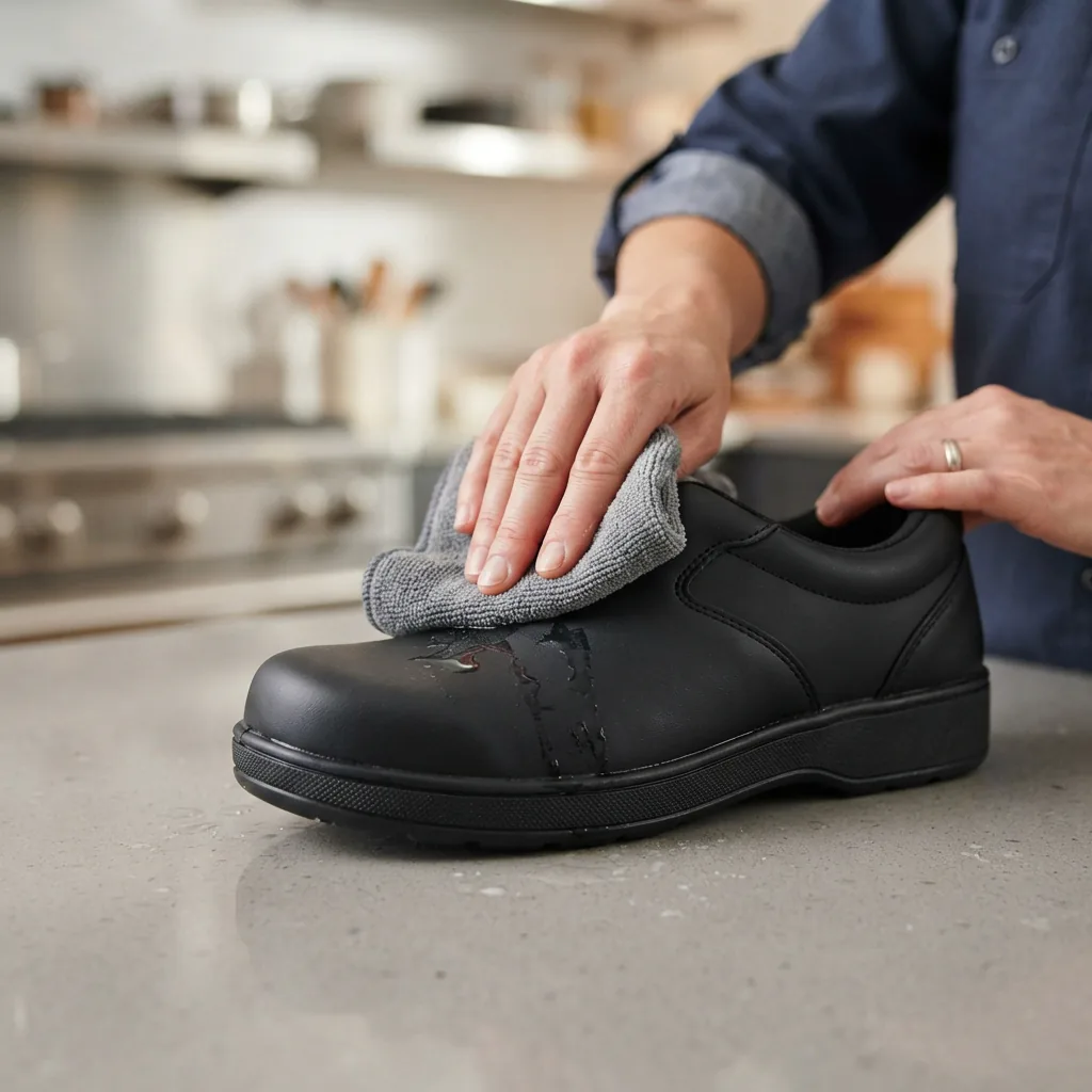 A kitchen shoe being wiped clean with a cloth after a spill.