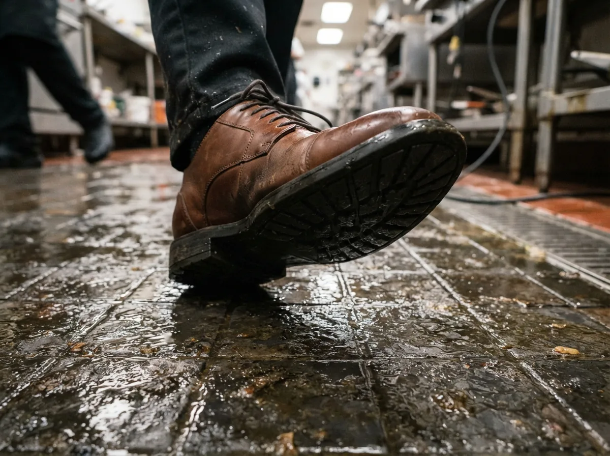 Close-up of the Speakeasy Oxford's textured rubber outsole gripping a wet kitchen floor.