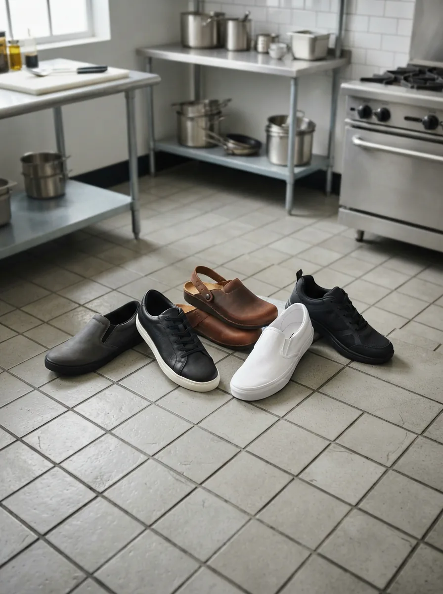 A variety of Mozo chef shoes arranged on a clean, modern commercial kitchen floor.