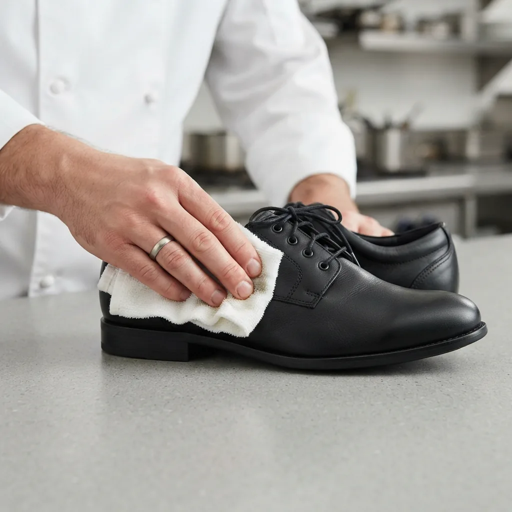 A chef's hand using a damp cloth to wipe down the black leather upper of the Minetta Oxford shoe.