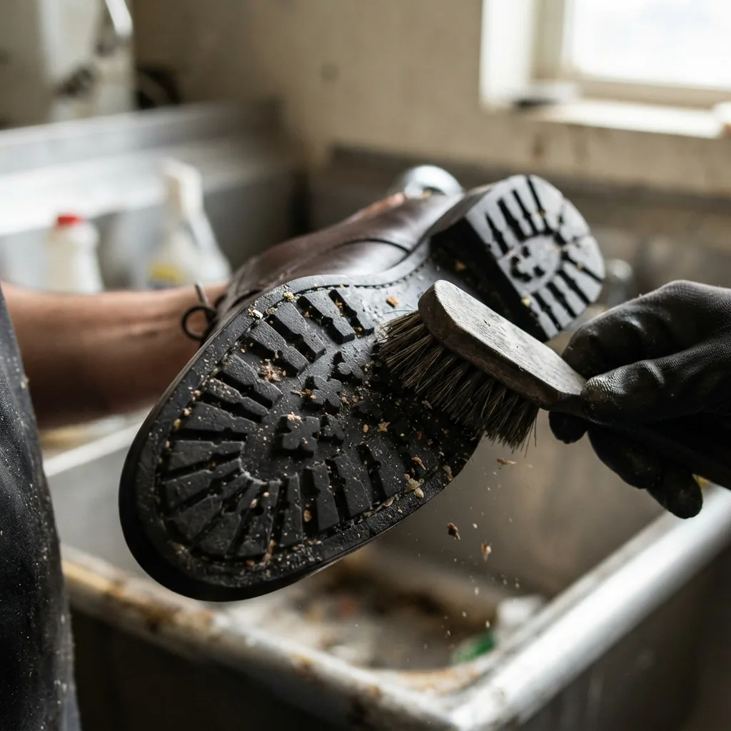 A brush cleaning the textured rubber outsole of the shoe.