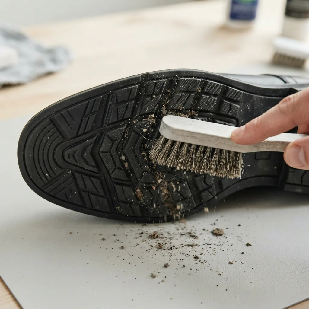 A close-up view of a stiff brush cleaning debris from the tread of the Minetta Oxford's GLADIATOR outsole.