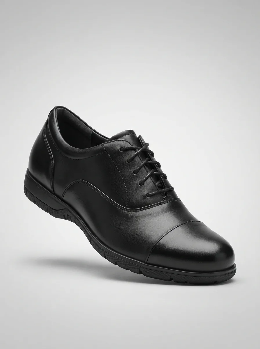 A studio shot of the MOZO Minetta Oxford slip-resistant work shoe in black, positioned at a three-quarter angle.