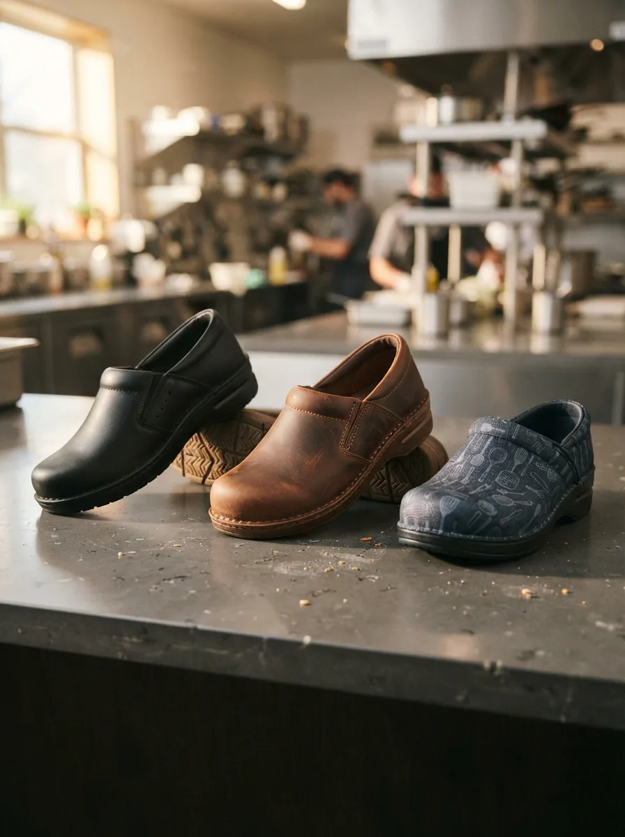 A collection of Mozo kitchen shoes arranged on a modern kitchen surface.