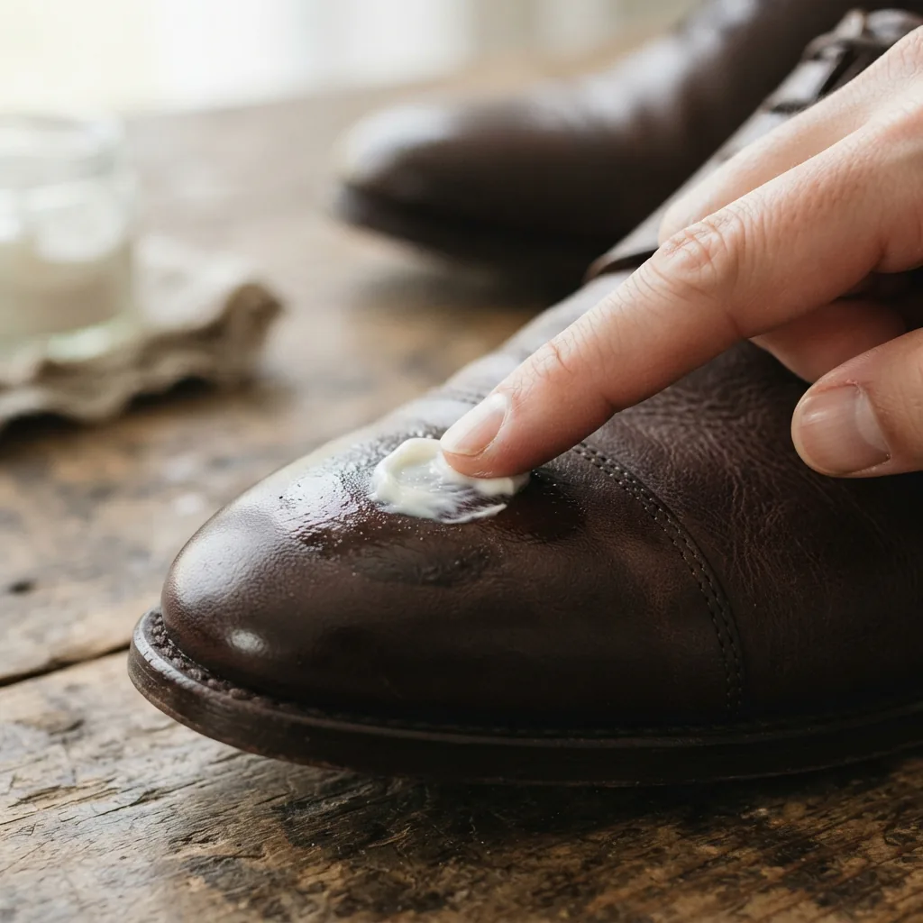 A small amount of leather conditioner being applied to the shoe's toe box.