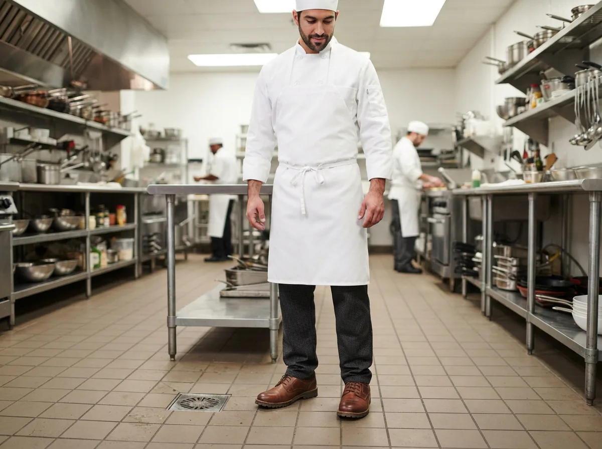 A chef wearing the Speakeasy Oxfords while standing on a clean, non-slip kitchen mat.