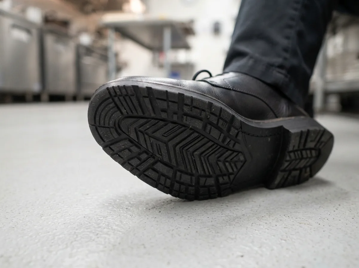 Close-up of the Minetta Oxford outsole showing the slip-resistant tread pattern on a clean, light grey kitchen floor.