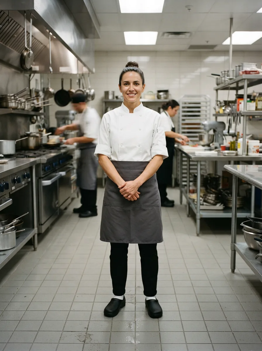 A professional chef standing confidently in a commercial kitchen, wearing Mozo slip-resistant shoes.