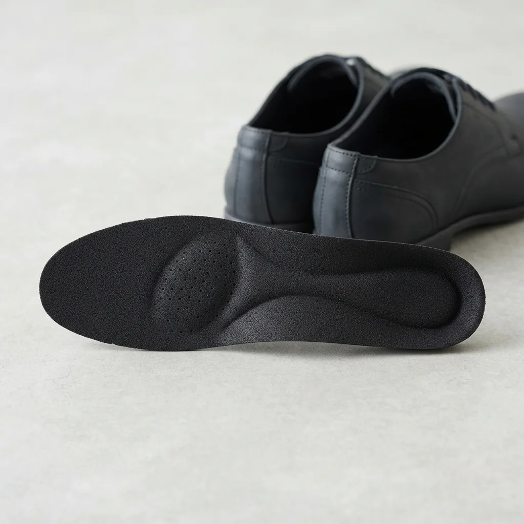 A removable open-cell PU insole placed on a clean surface to air dry completely after a shift.