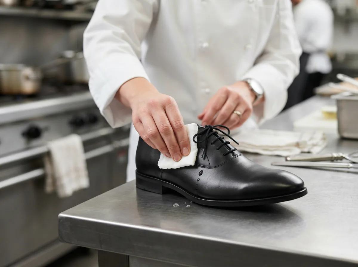 A chef's hand wiping a small liquid spill from the sleek black leather surface of the Minetta Oxford shoe with a dry cloth.