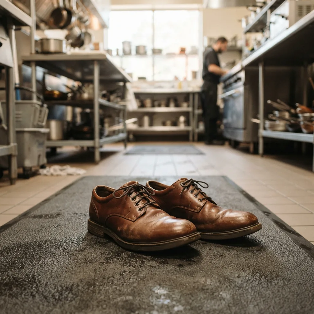 The pair of Speakeasy Oxfords sitting on a mat in a well-ventilated area to dry.